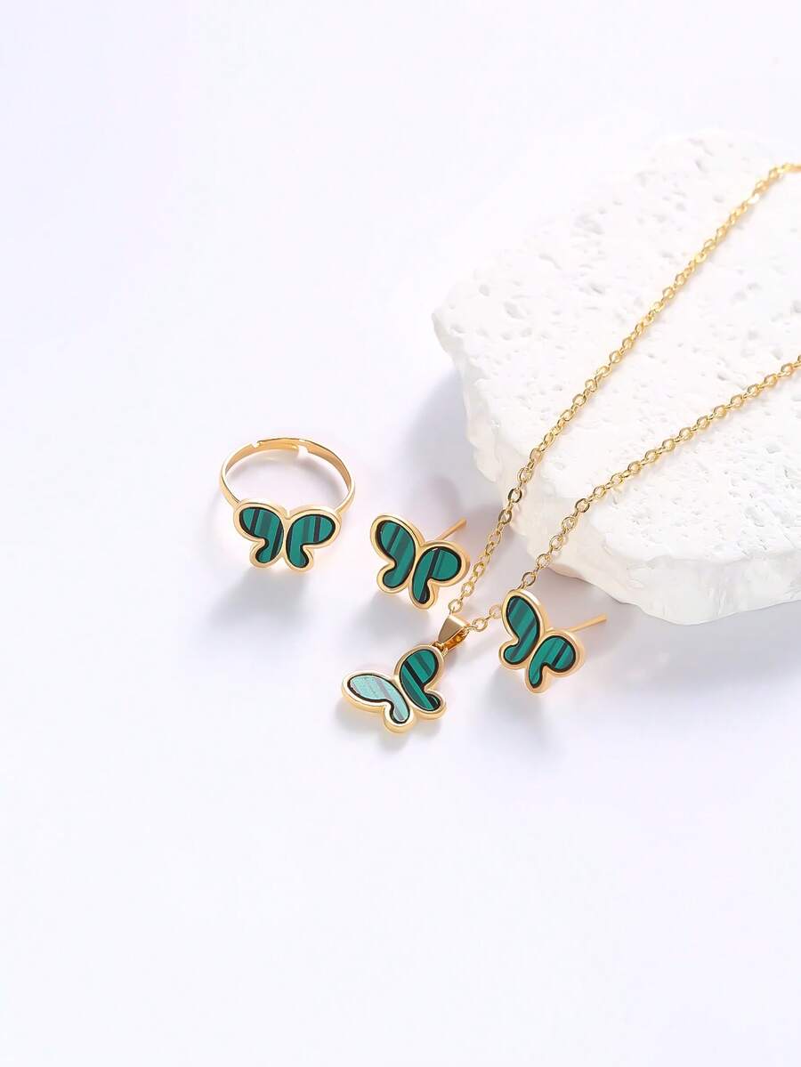 1 Set minimalistischer Stil Ohrringe, Ring, Halskette 4-teiliges Schmuckset, Schmetterling kreatives Harz-Einlegedesign, geeignet für Bankette, Partyanlässe
