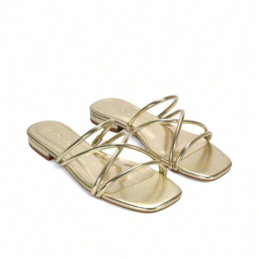 XY LONDON Suzzie Strappy Flat Slip On Square Toe Slider Mule Sandals For Spring Summer