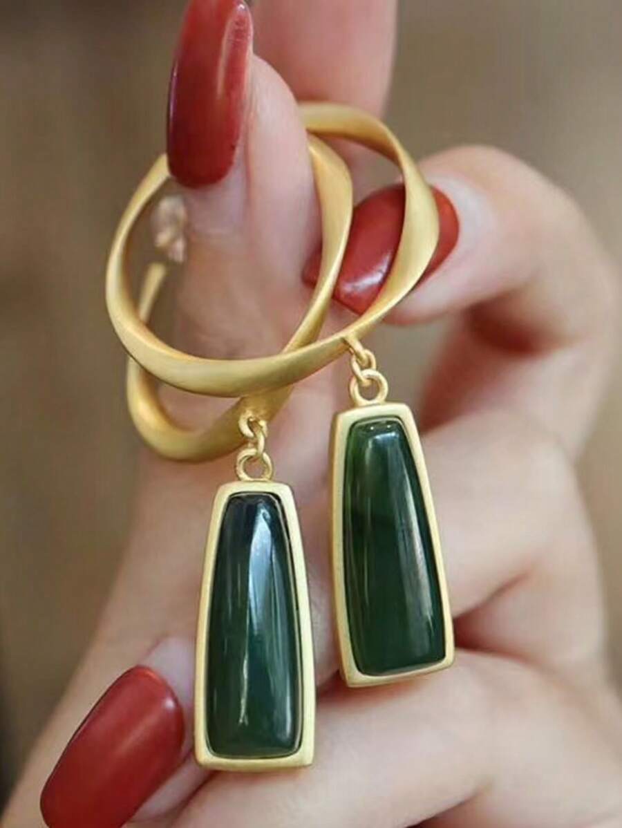1pc Jade-Inspired Large Hoop Earrings, Long Chinese Style Earrings, Slimming Face Jewelry Accessories Suitable For Women's Daily, Festival, Party Wear, Girlfriend Surprise Gift