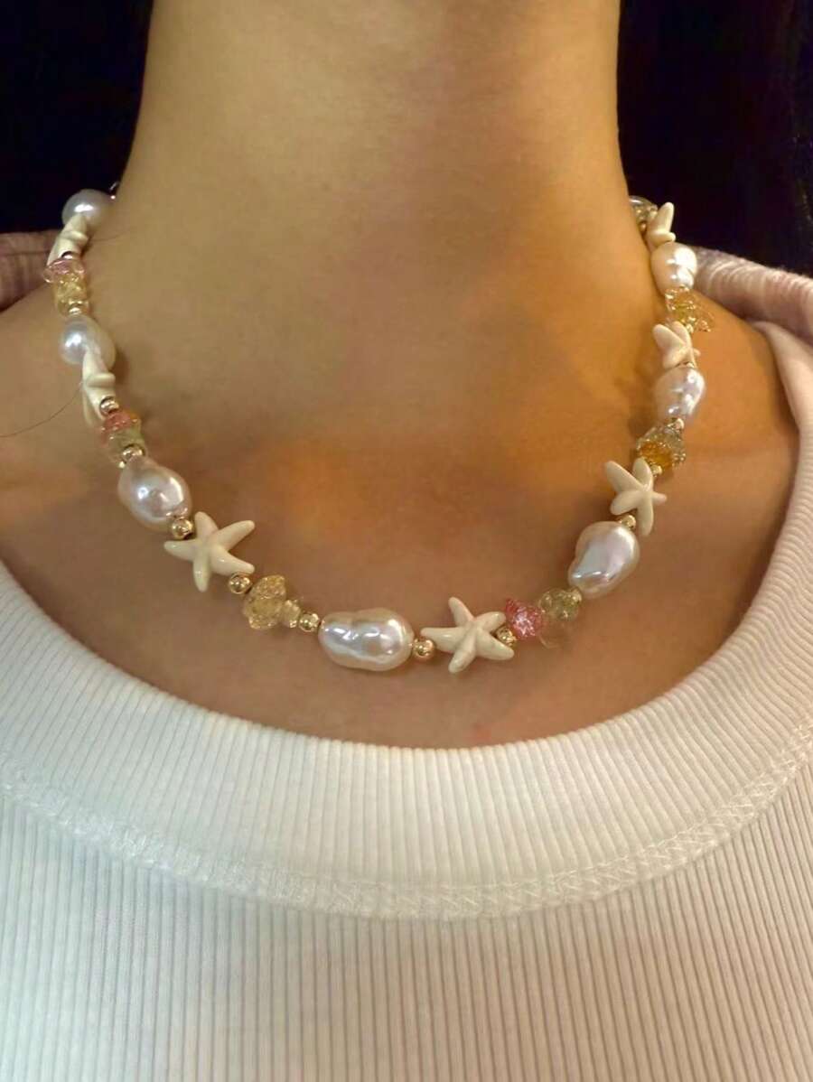 1pc Handmade Faux Pearl Starfish Choker Necklace With Colorful Beads, Fashion Jewelry For Women, Suitable For Daily Wear And Vacation, Random Color Beads