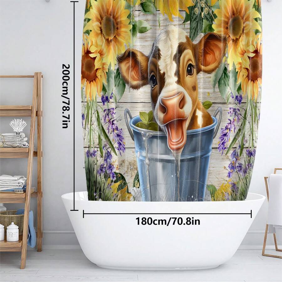 1 pieza/4 piezas Conjunto de cortina de baño con patrón de vaca de las Tierras Altas, cortina de ducha impermeable con alfombra antideslizante, tapa de inodoro y alfombra de baño, instalación fácil con ganchos en C, decoración de otoño para el baño, accesorios de baño de vuelta al colegio