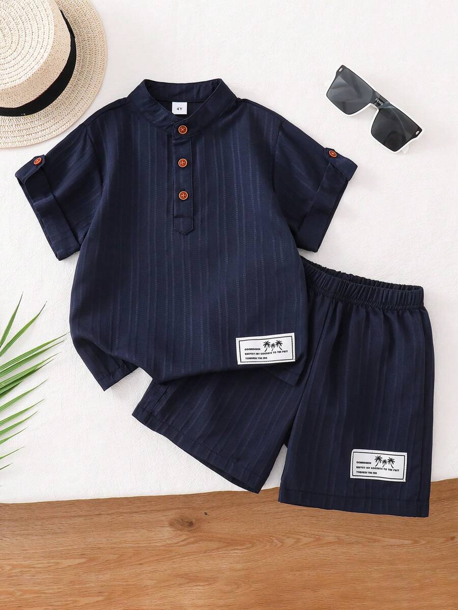 Young Boy Plain Textured Henley Neck Shirt And Shorts Set