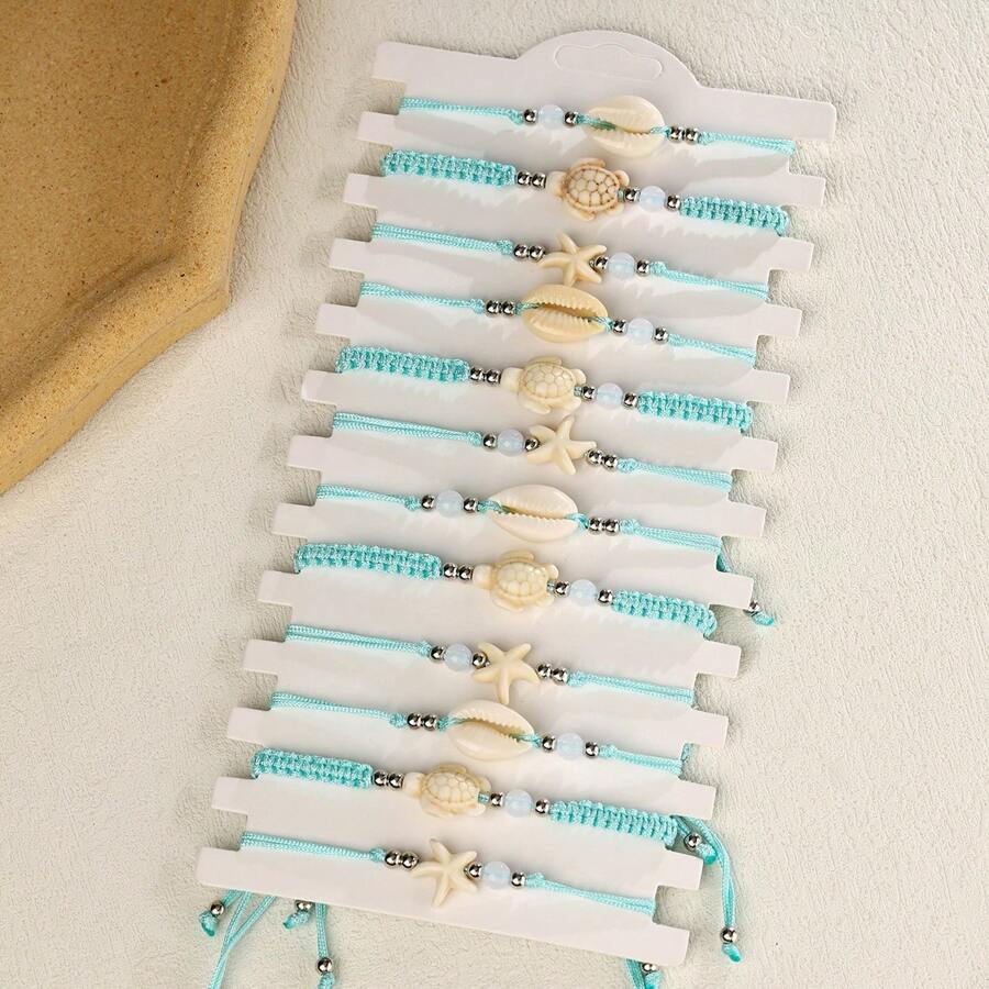 12pcs Starfish & Seashell Inspired Beaded Bracelets, Friendship Bracelet, Suitable For Women Beach Vacation