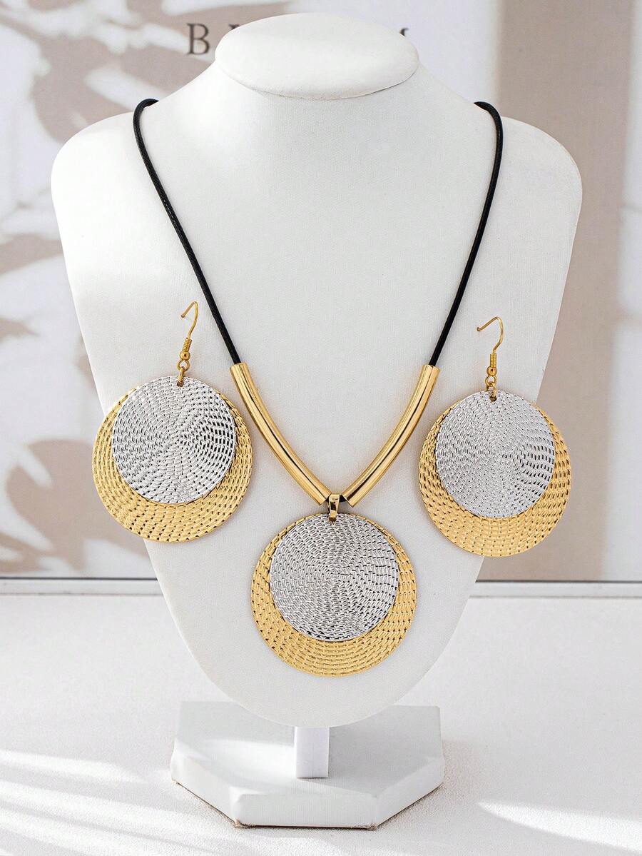 1 Set Minimalist Hip-Hop Style Dual-Tone Earrings And Round Pendant Necklace Set, Iron Material, Suitable For Party And Banquet Occasions, All Seasons