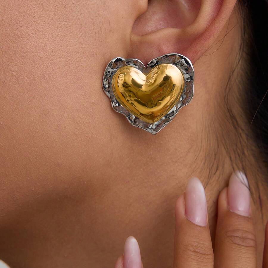 Damen Pendler-Stil Hammer Muster Herz Zweifarbige Ohrringe, 18 Karat vergoldet, Edelstahl, wasserdicht