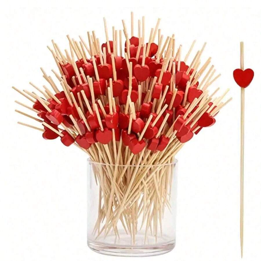 10/50/100 piezas Pinchos de cóctel profesionales de bambú, pinchos de cóctel con corazón rojo, suministros para fiestas de cóctel para el Día de San Valentín, decoraciones de fiesta, suministros de fiesta, decoraciones navideñas, boda, decoración de mesa para el Día de la Madre