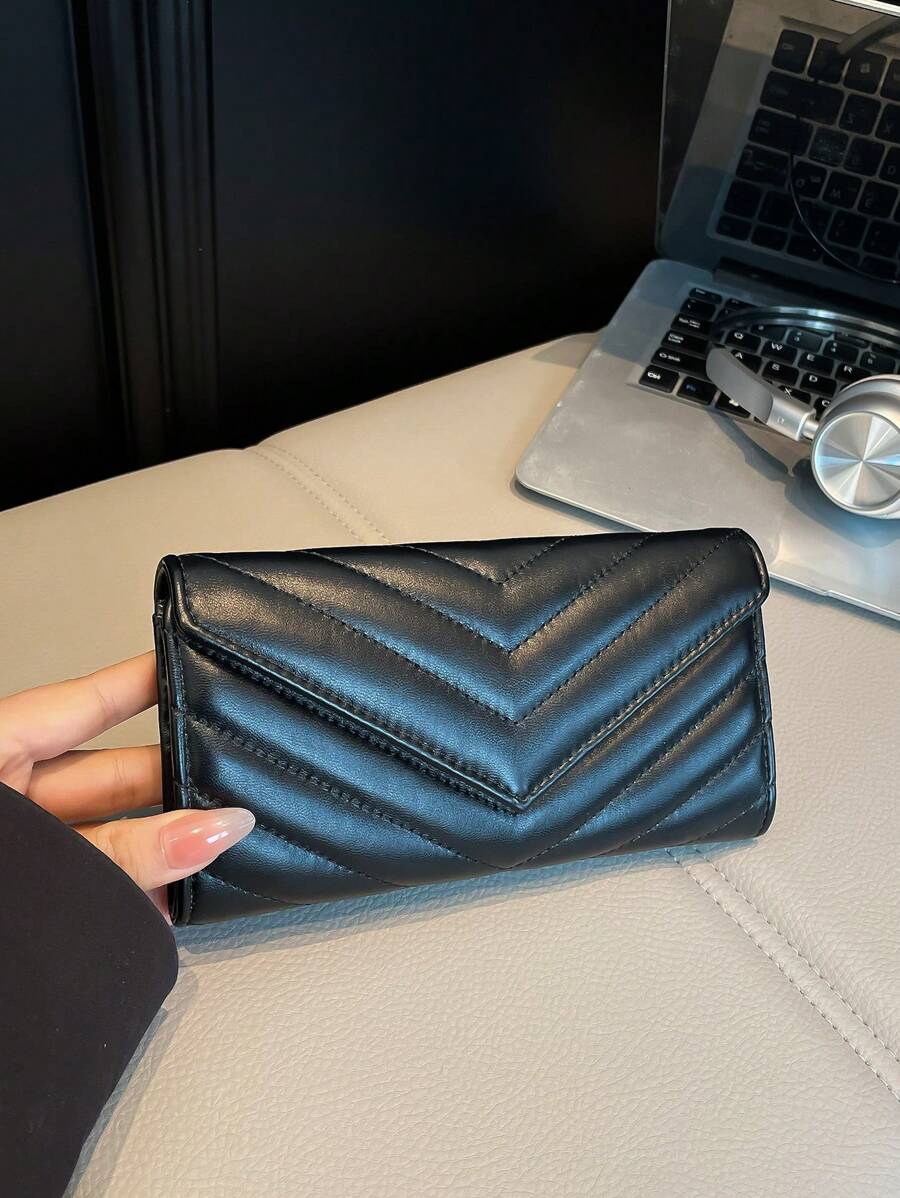 Women's Black PU Embroidered Long Wallet Clutch - Multi-Card Slot Large Capacity, Stylish And Versatile Long Wallet For Girls, Office Ladies, And Travel Essentials.