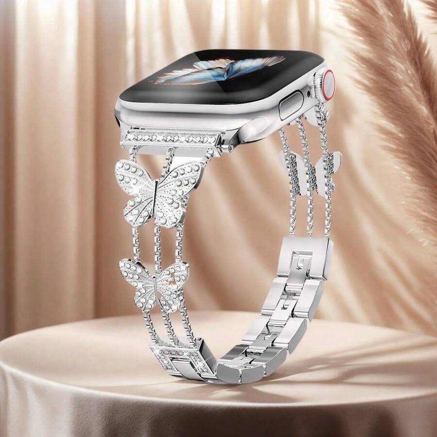 1 Stück Damen Uhrenarmband Mode Metall Kristall Schmetterling Armband für 38mm 40mm 41mm 42mm 44mm 45mm 46mm 49mm Luxus Silber Edelstahl Uhrenarmband kompatibel mit Apple Watch Series 10 Ultra 9 8 7 SE 6 5 4 3 2 1, Mode Apple Watch Armbänder