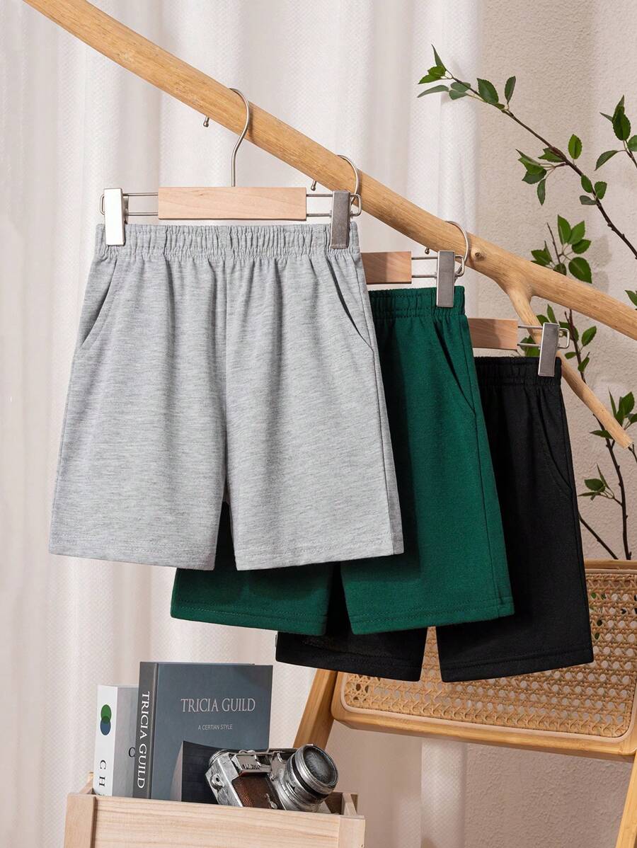 3 Pcs Boys' Casual Street Style Slant Pocket Shorts, Comfortable For Daily, Sports, Leisure And Holiday