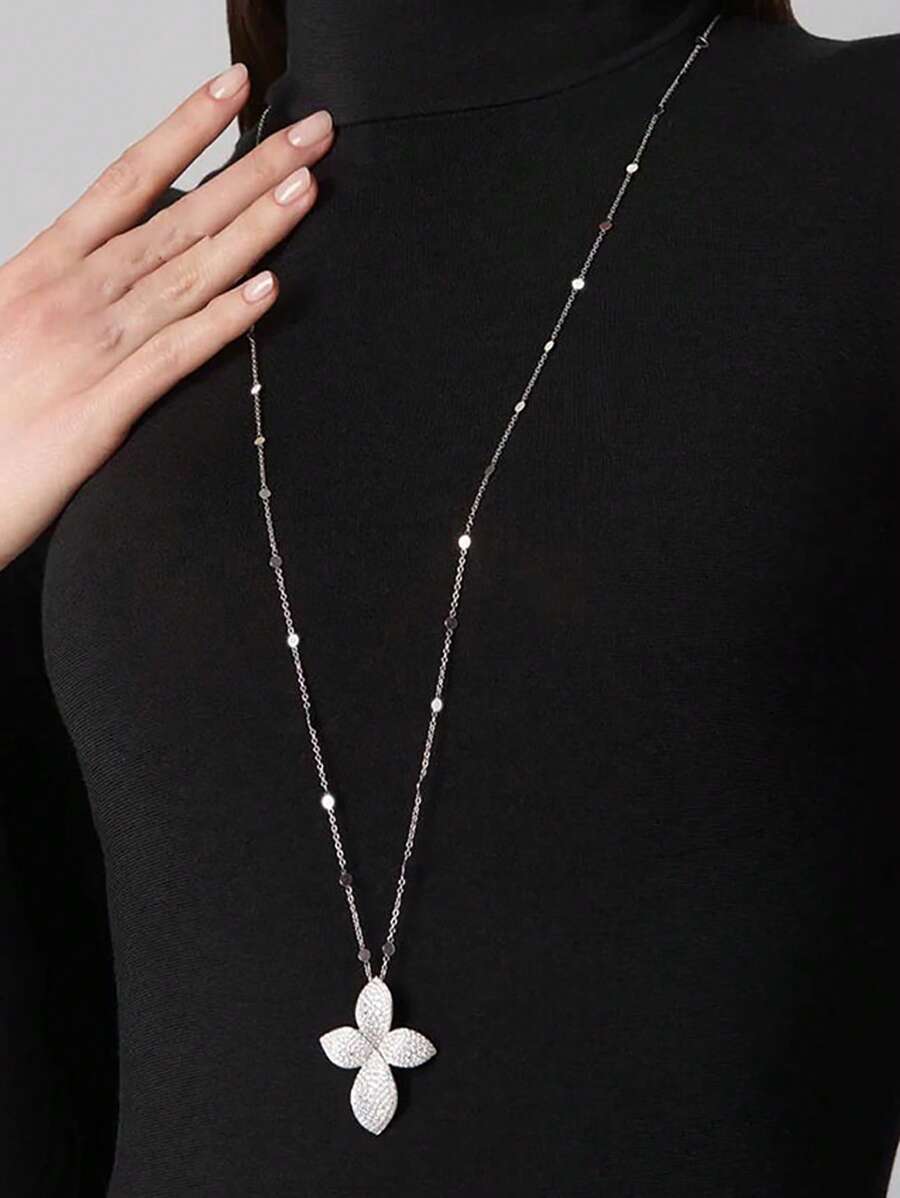 1 Stück elegante geometrische Strass-Blumen-Anhänger-Halskette für Frauen, lange Halskette, Temperament Bankett-Accessoire