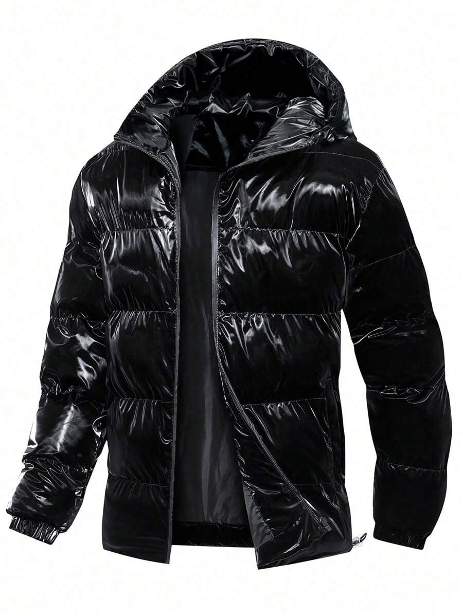 Cappotto imbottito da uomo con cappuccio, cappotto imbottito lucido, abbigliamento esterno stile vintage americano, alta strada, polsini con chiusura lampo, antivento, nuovo cappotto imbottito autunno/inverno