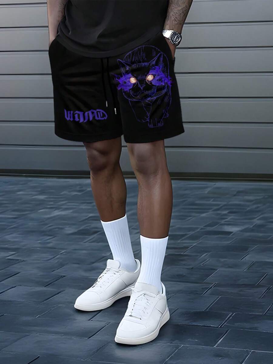 Men's Retro 3D Cat Print Casual Shorts, Blue, Fashion Leisure Sport Comfortable Fit, Suitable For Sports, Casual, Gathering