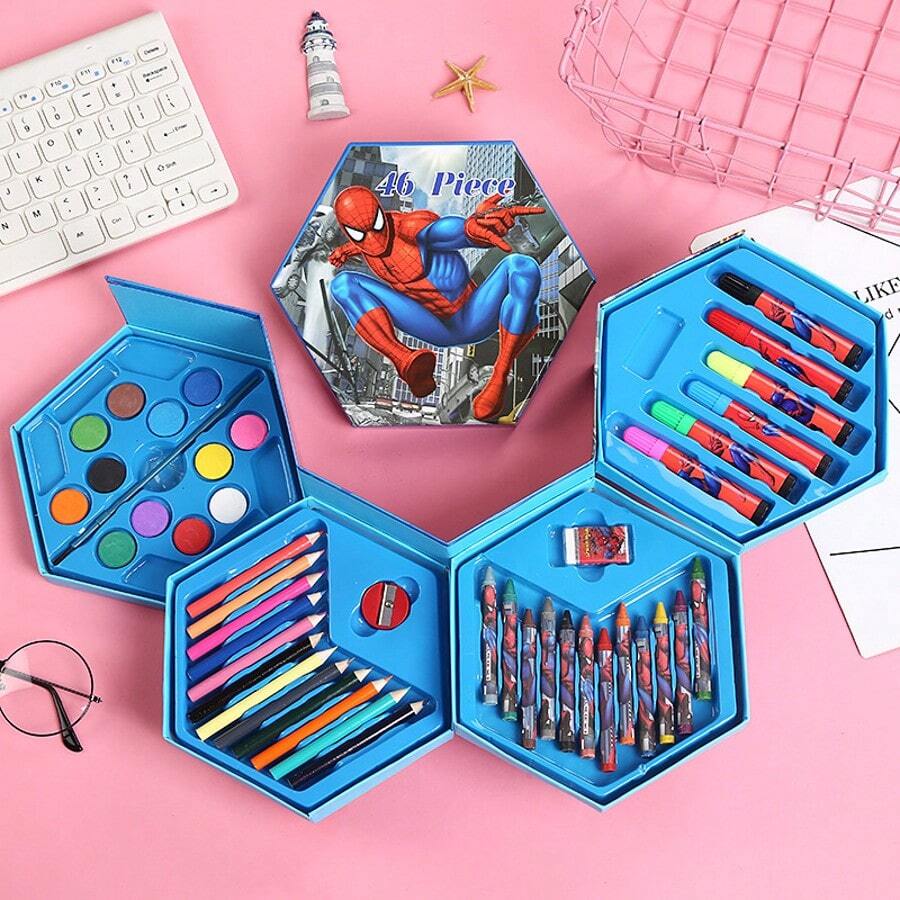 Marvel Set de papetărie cadou pentru copii cu tematică Spider-Man, 46 buc, cutie cadou pentru desen cu desene animate, cadou de Crăciun pentru copii, pixuri acuarelă, înapoi la școală, cadou de ziua de naștere