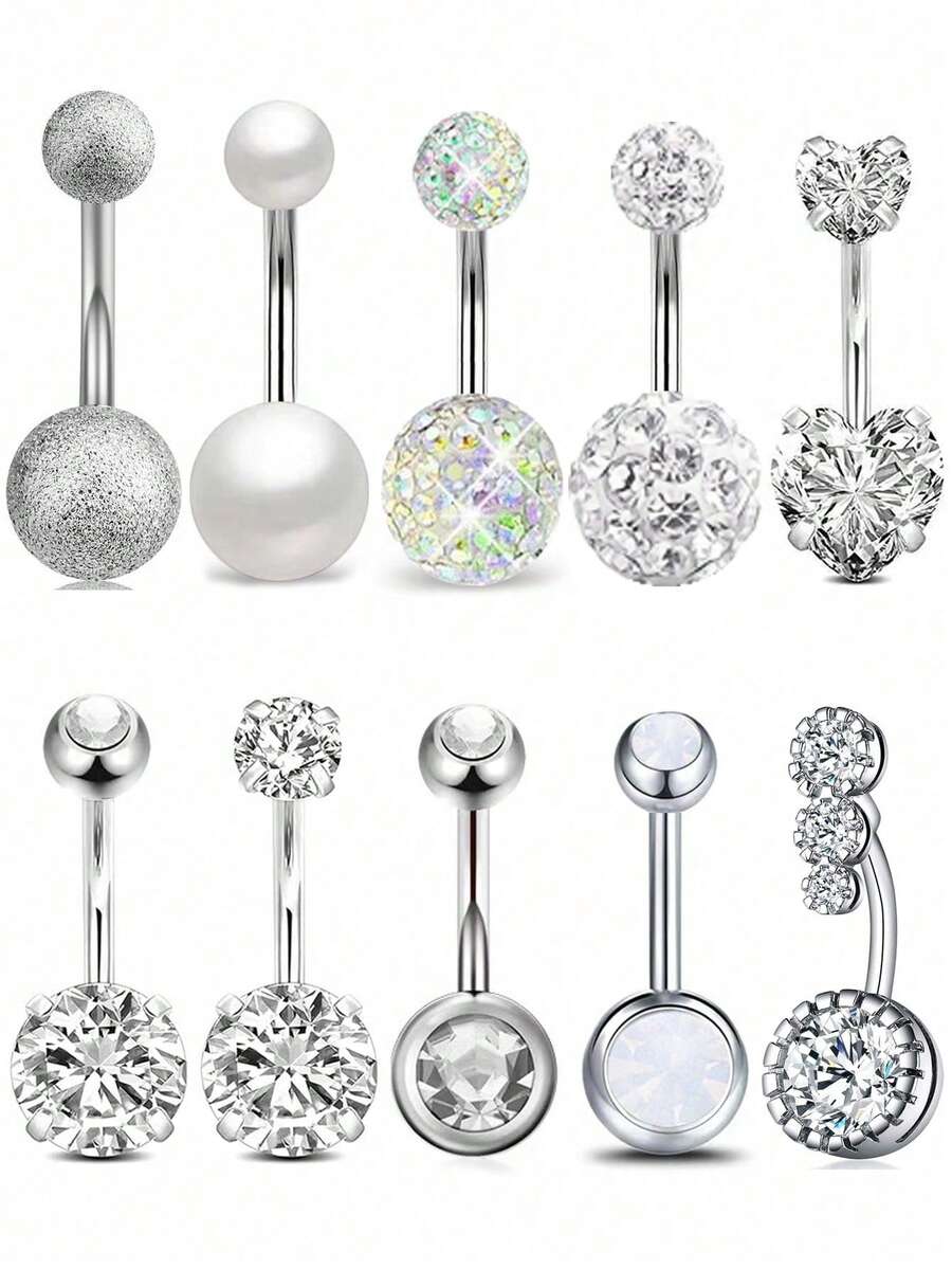 10pcs Stainless Steel Short Belly Button Rings, Suitable For Women's Daily Wear, Music Festivals