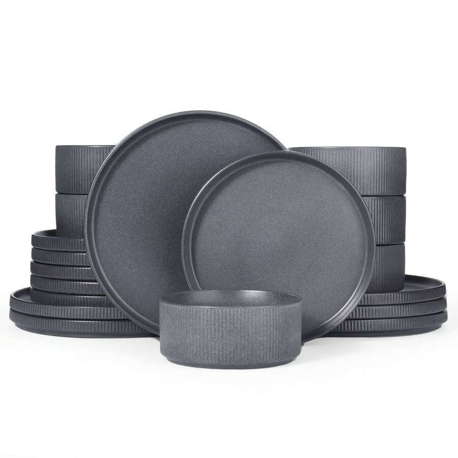 18 Pieces Dinner Sets For 6 People, Stoneware Dinnerware Sets With Dinner Plates/Salad Plate/Cereal Bowls, Dishwasher & Microwave Friendly, Cappuccino White