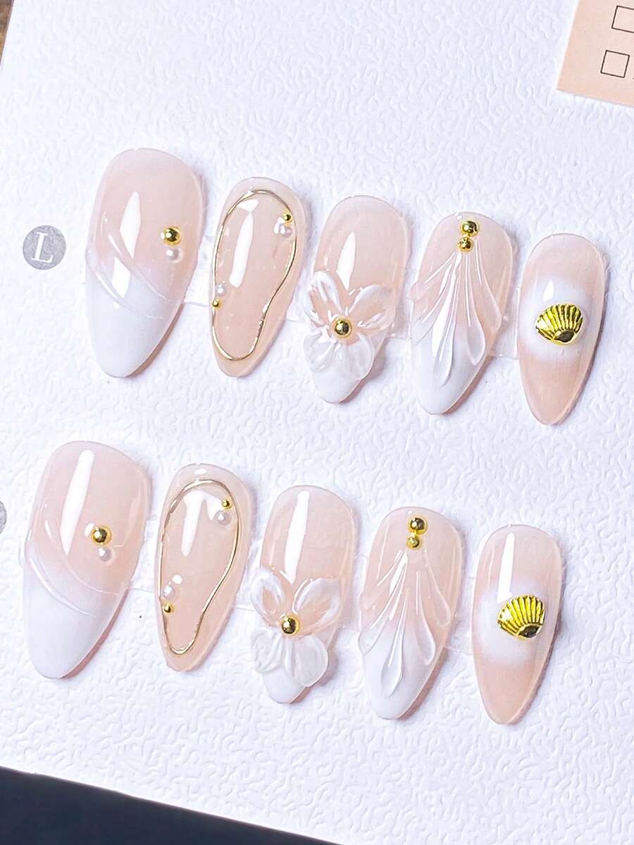 10 piezas de uñas postizas con forma de almendra decoradas con polvo de espejo dorado francés, olas de agua azules, espirales azules y amarillas, y cristales, adecuadas para cualquier ocasión, de rápida colocación, para mujeres y niñas, de moda lujosa y exquisita de alta gama y desmontables