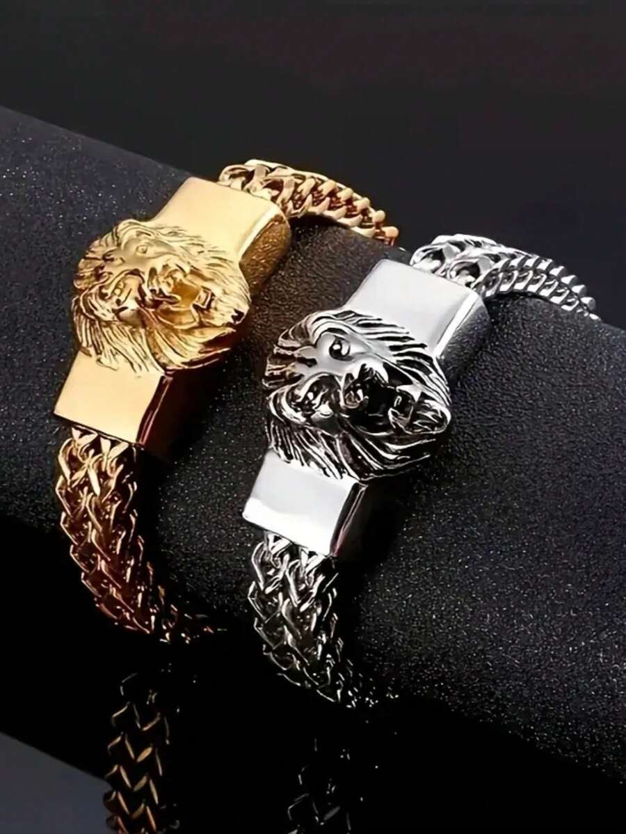 1 Peça Nova Pulseira de Acessório de Motocicleta Punk Rock de Estilo Hip Hop para Homens, com Cabeça de Leão Animal de Alta Qualidade em Aço Inoxidável