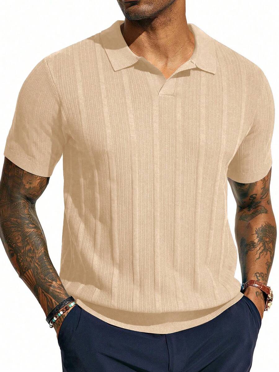 Men's Navy Blue Short - Sleeve Knitted Polo Shirt - Vertical Ribbed Pattern - Comfortable And Stylish For Daily And Smart - Casual Wear