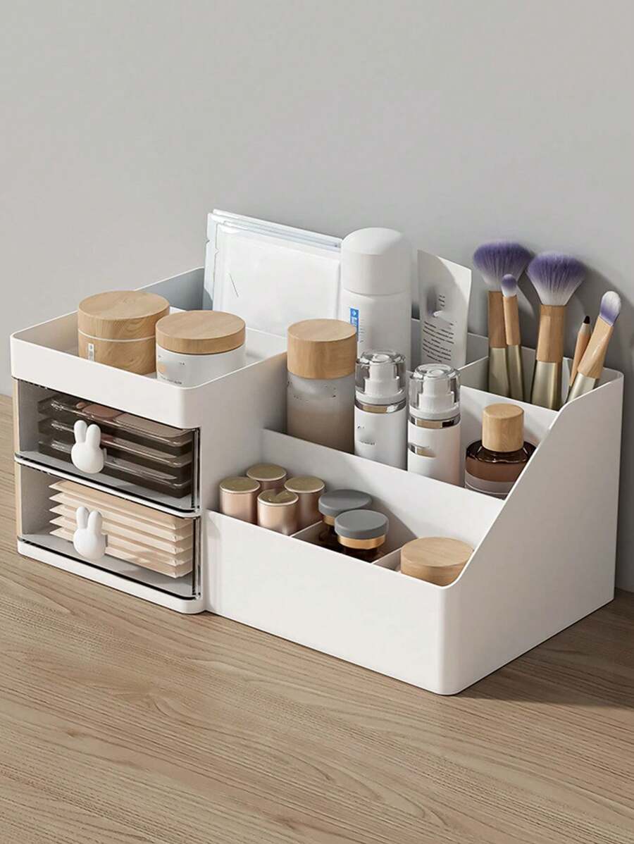 1 pièce Boîte de rangement de bureau au design de lapin blanc, organisateur de maquillage multicouche, porte-fournitures de bureau et de papeterie, pot à crayons pour dortoir étudiant, style tiroir, organisateur de bureau