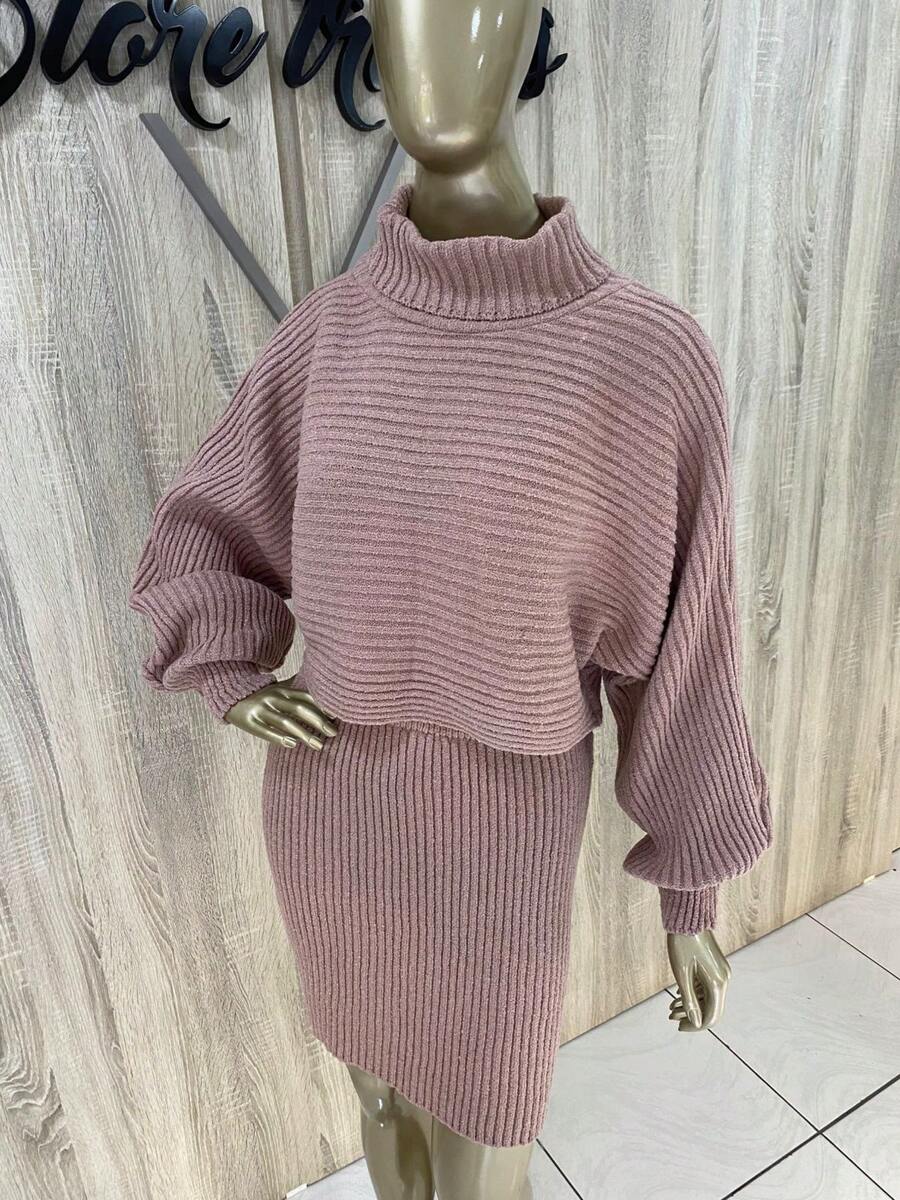 Conjunto de Frio Saia e Blusa Lançamento Mousse Canelado Moda Feminina Gola Alta Tricot Tricô