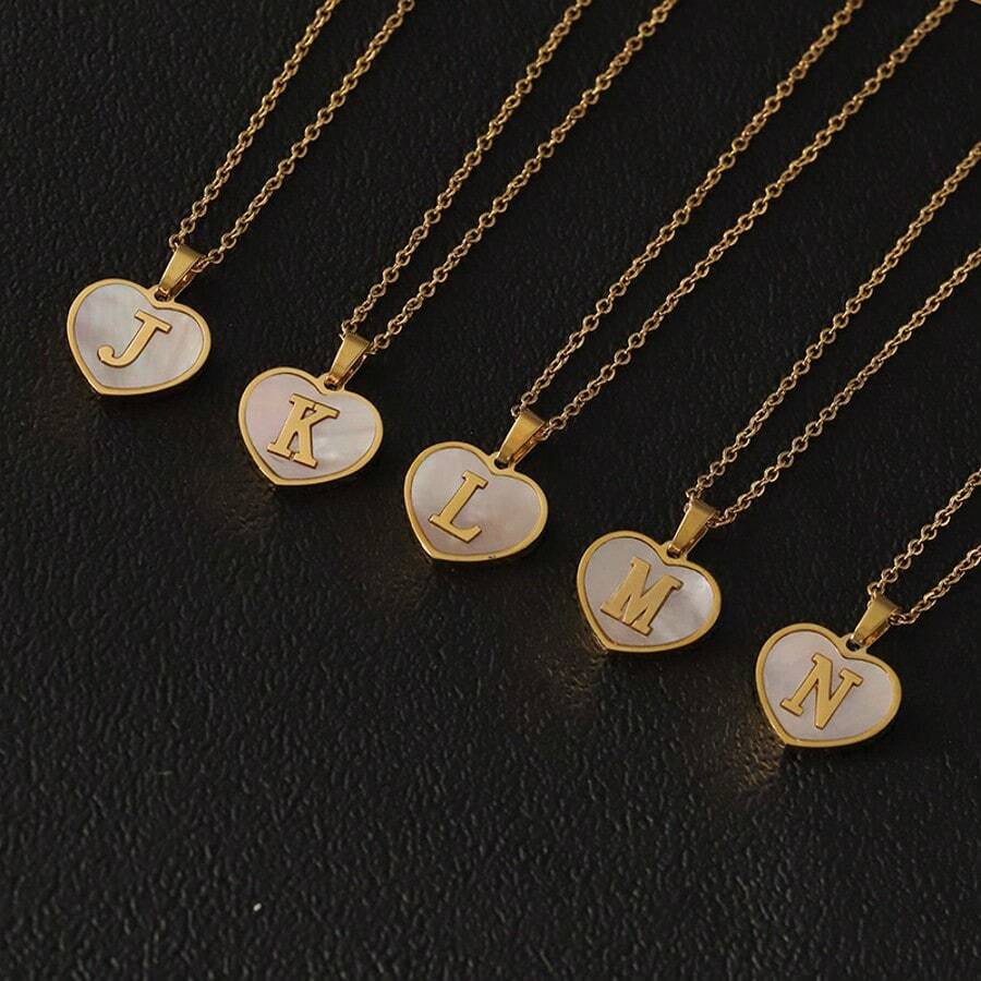 1pc Personalized Heart-Shaped White Shell Initial Necklace Stainless Steel Non Tarnish Women Letter Necklace