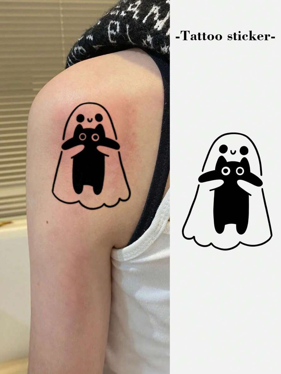 1 buc tatuaj temporar de Halloween cu o fantomă drăguță, îmbrățișând pisică, impermeabil și rezistent la transpirație, potrivit pentru oameni, poate dura 1-3 zile