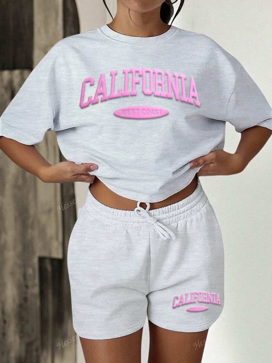 2pcs/Set Plus Size Women Casual Round Neck T-Shirt And Drawstring Pocket Shorts Co-Ord Set