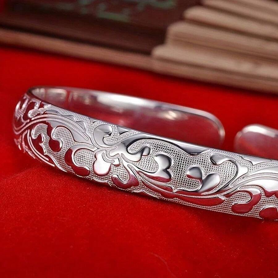 925 Sterling Silver Floral Bracelet – Vintage Open Bangle With Gorgeous Carvings, Perfect For Every Occasion