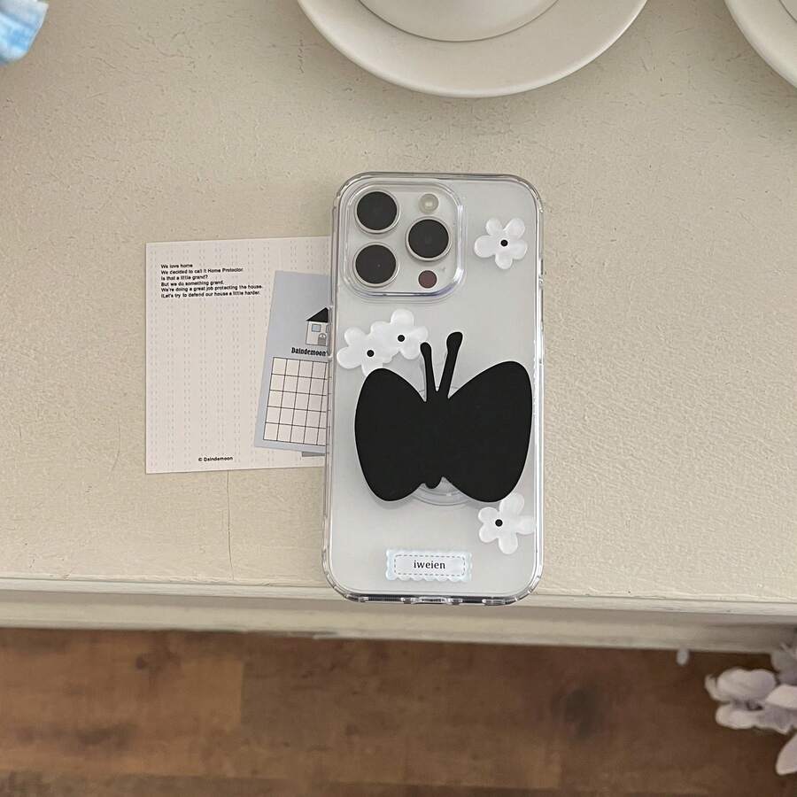 Soporte adhesivo para teléfono con mariposa negra, extensible, retráctil y plegable, compatible con todos los teléfonos