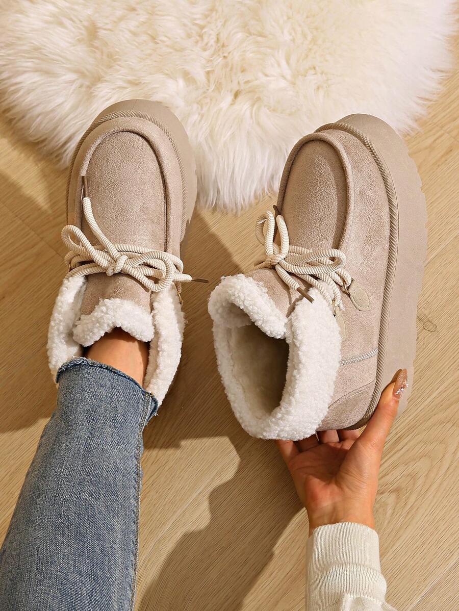1. Thick Sole Lace-Up Fluffy Snow Boots For Teenagers, Warm And Energetic, Suitable For Students In Winter, Campus, Commuting, Outdoor Play, And Casual Occasions, Cool Black Thick Sole Lace-Up Fluffy Snow Boots, Light Brown Thick Sole Lace-Up Fluffy Snow Boots
