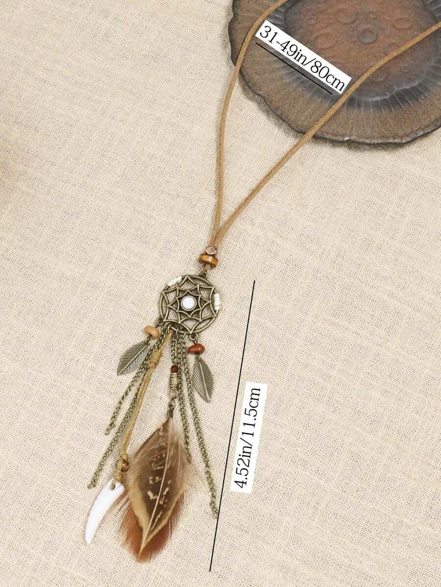 1 Peça Colar Longo Estilo Boêmio com Pingente de Pena Natural, Artesanato Barato Abaixo de $1 Alfinetes para Mochila/Bolsa