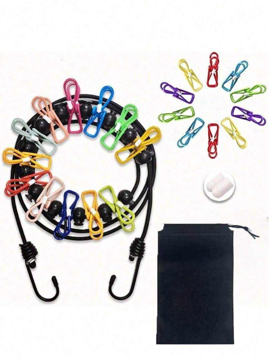 Corde à linge rétractable et portable avec 12 pinces pour les voyages, le séchage du linge à l'intérieur, le camping à l'extérieur, pinces de positionnement élastiques résistant au vent, style coréen