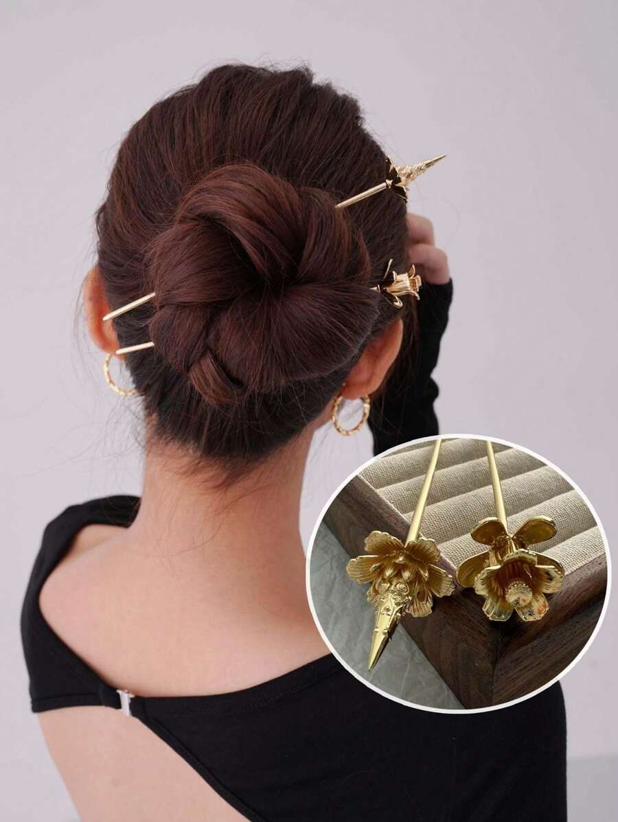 2 buc cleme de păr pentru coc, ace de păr metalice versatile cu flori, accesorii de păr elegante cu flori aurii pentru femei și fete pentru uz zilnic, extensie de coc, aparat de făcut cocuri, piesă de păr pentru coc, ace de coafat părul, ace de păr