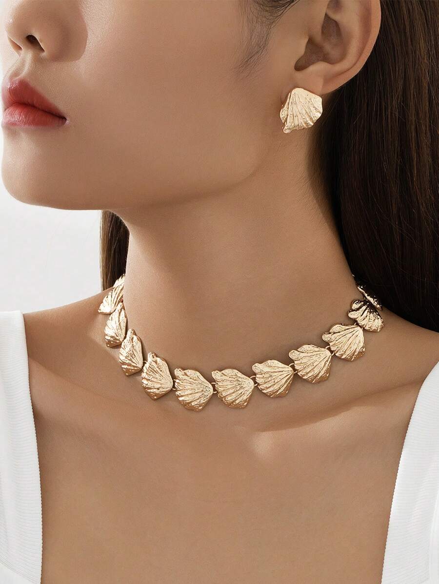 3pcs Bohemian Exaggerated Ocean Life Alloy Shell Necklace & Earring Set, Women's Beach Holiday Choker Necklace, Gift For Her