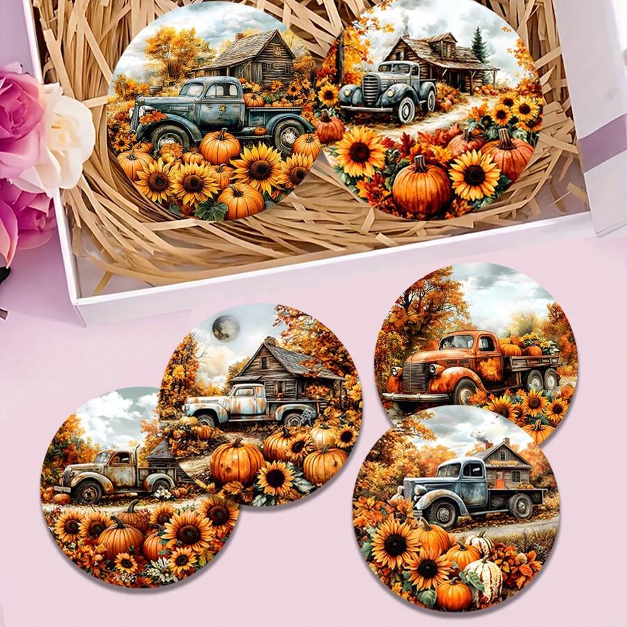 1 Set/4 Stück/6 Stück/300 Stück Herbst Kürbis Truck Muster Diatom Schlamm Untersetzer, Kaffee Untersetzer, Mehrzweck Dekorationen für Zuhause und Restaurant, Alltagsgeschenke, Tischdekoration, Alltagsdekoration, Themenparty Dekoration