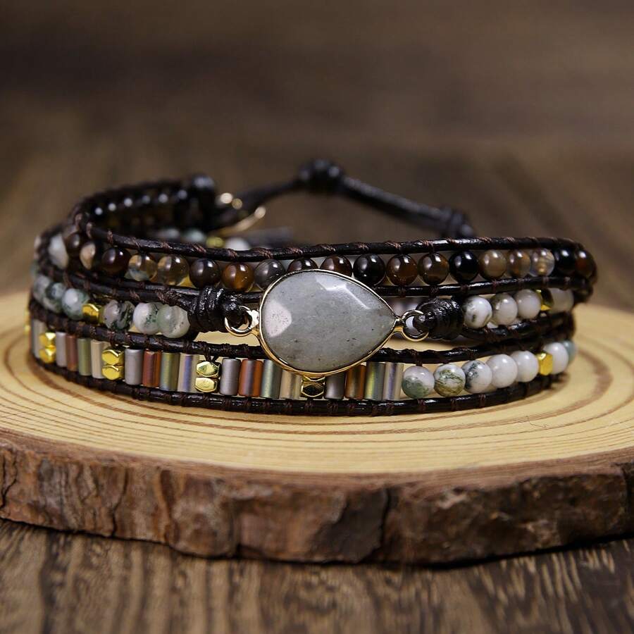 Braccialetto bohémien da donna, fatto a mano e unico nel suo genere, a 3 giri, con pietre naturali pregiate, perle di labradorite scintillanti, stile regolabile - perfetto per l'uso quotidiano, come regalo, accessorio per tutte le stagioni