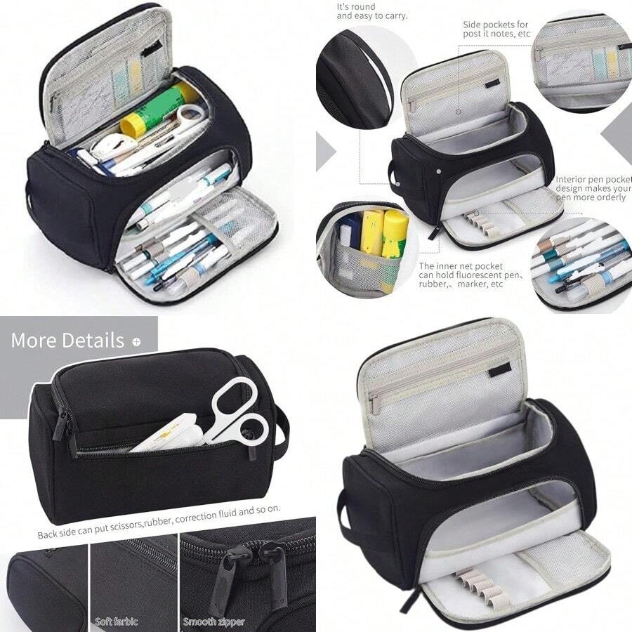 Large Capacity Pencil Case Storage Pouch Marker Pen Holder Travel Stationery Bag School College Office Organizer For Teens Girls Adults Students Black One Size