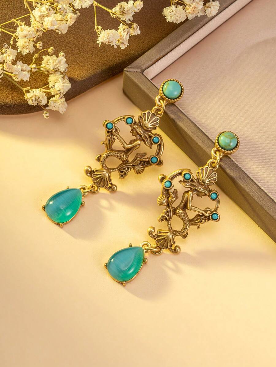 1 Par de Brincos de Sereia com Formato de Ouro e Turquesa, Brincos de Gema com Tema de Sereia Vintage, Brincos de Sereia Embutidos de Moda Europeia e Americana, Brincos de Sereia de Ouro de Luxo com Turquesa, Brincos de Gema com Formato de Sereia