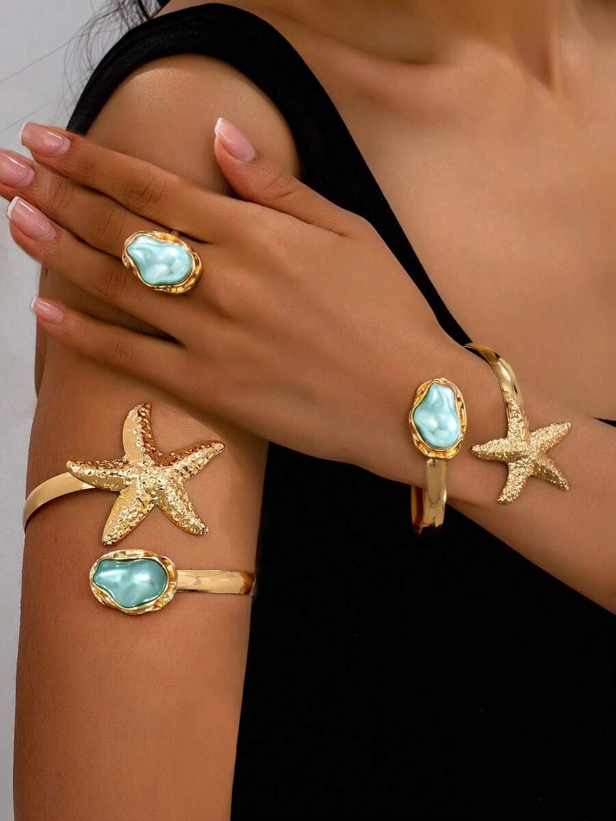 3 Stücke Boho-Stil Mode gehämmerte Metall Seestern Faux Barock Perle Armband Armreif Ring Set, Frauen Sommer Urlaub Party Schmuckset
