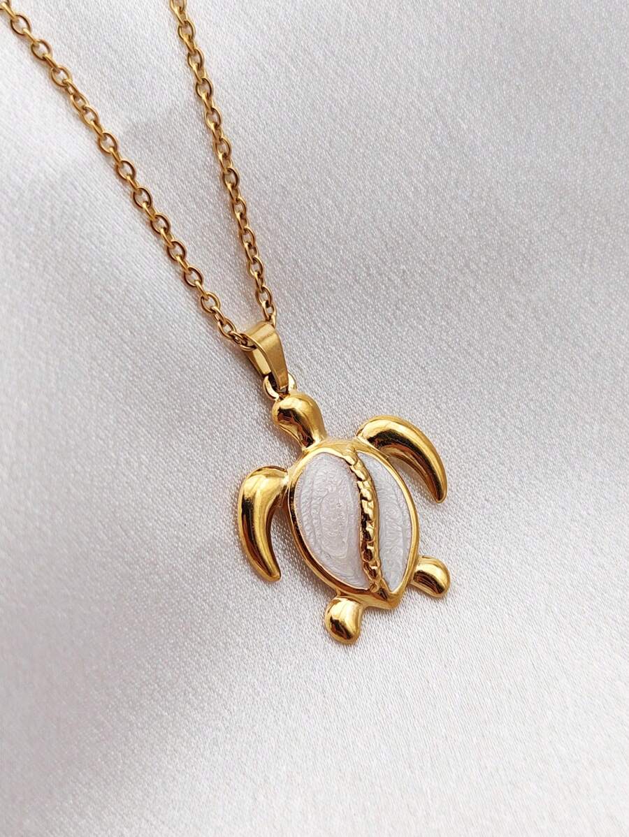 1 Stück 18K vergoldete Edelstahl Boho Weiß Schildkröte Öltropfen Anhänger Halskette, Hawaii Meereslebewesen Strand Urlaub Choker