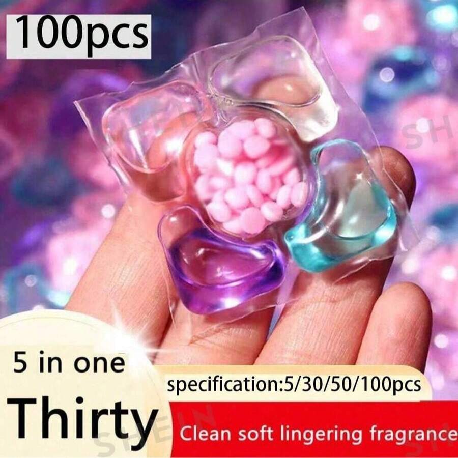 100 piezas Cápsulas de detergente para la ropa 5-en-1, detergente líquido concentrado, fragancia de lavanda/camelia, detergente aromático para la ropa, fuerte eliminación de manchas y protección del color