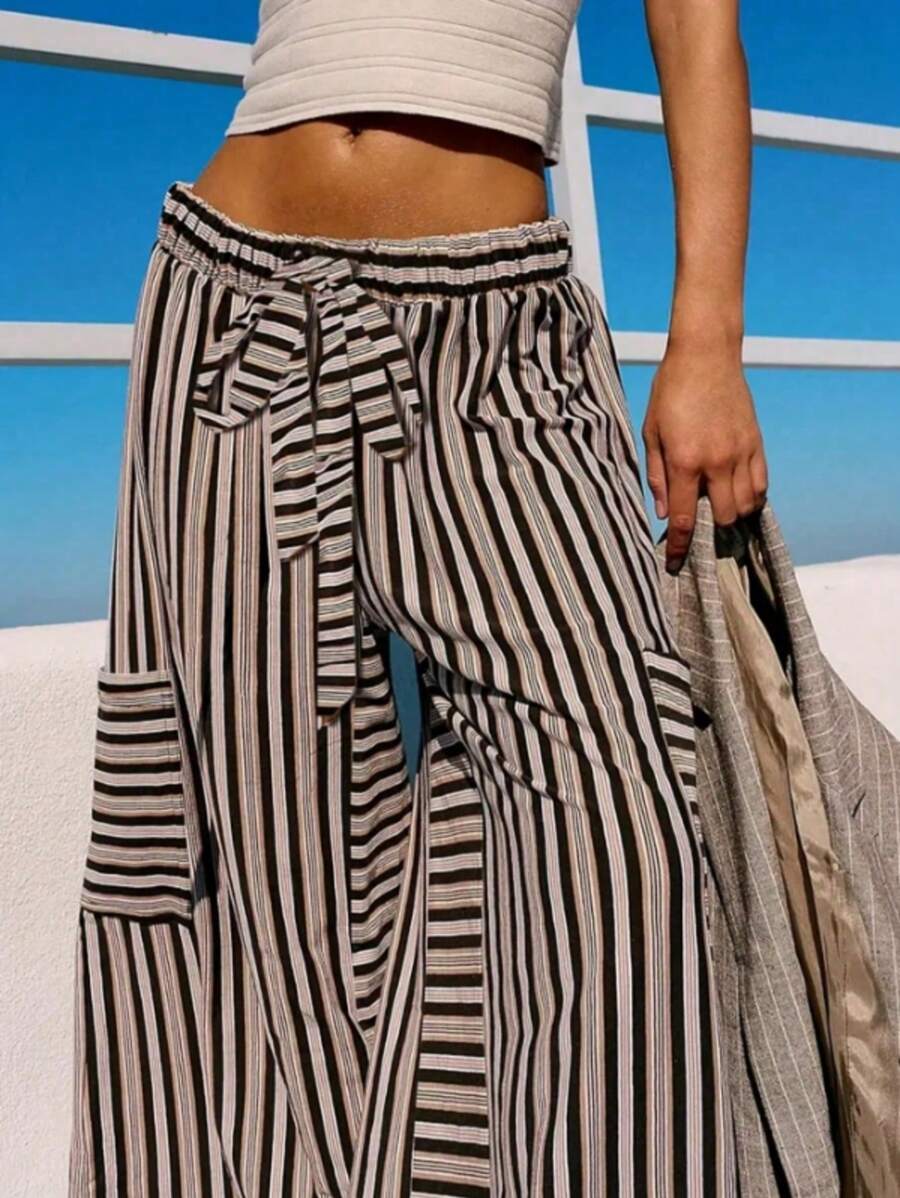 Women's Tie-Up Striped Knotted Pocket Waist Belt Pants