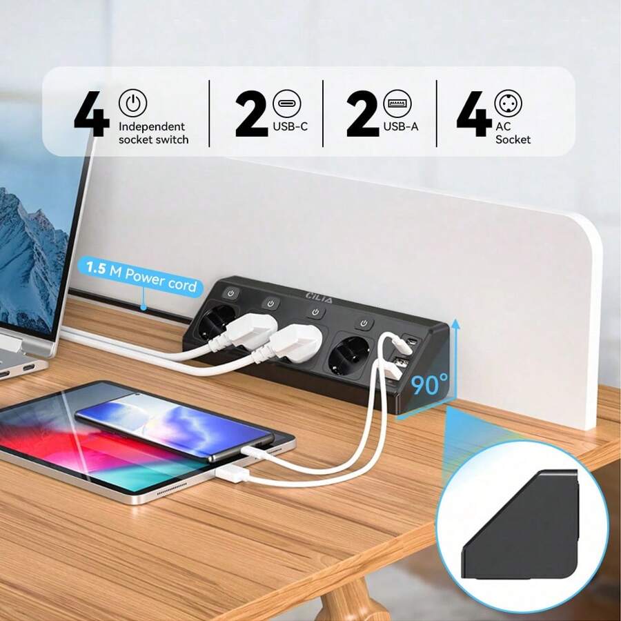 CILIA EU Power Strip With 4 AC Outlets + 2USB-A & 2Type-C Ports ,1.5m Surge Protection Cable , Ideal For Travel/Kitchen/Office/Dorm ,Dorm Room Essentials College,Black /White