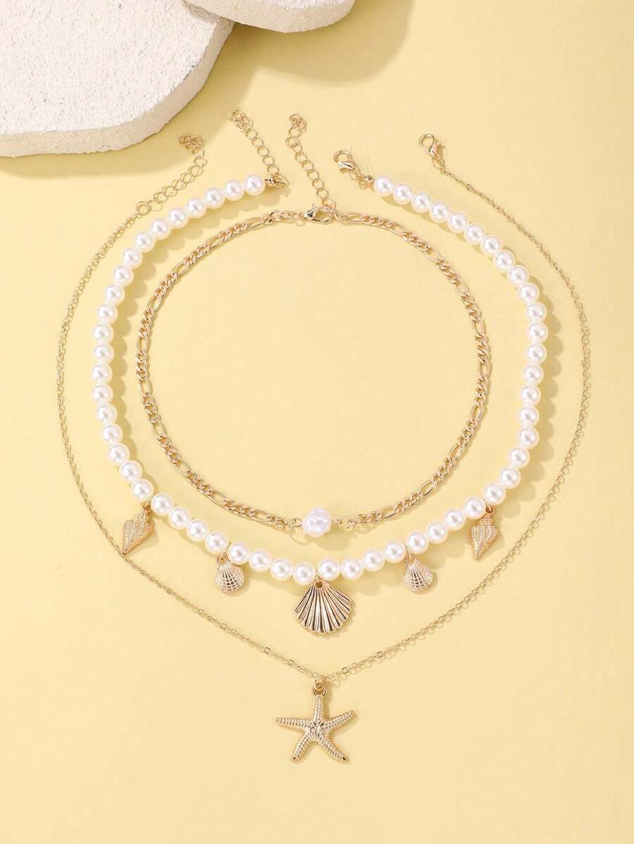 Set di 3 collane alla moda da spiaggia con conchiglie, stelle marine e perle finte, adatte per l'uso quotidiano e per le vacanze delle ragazze