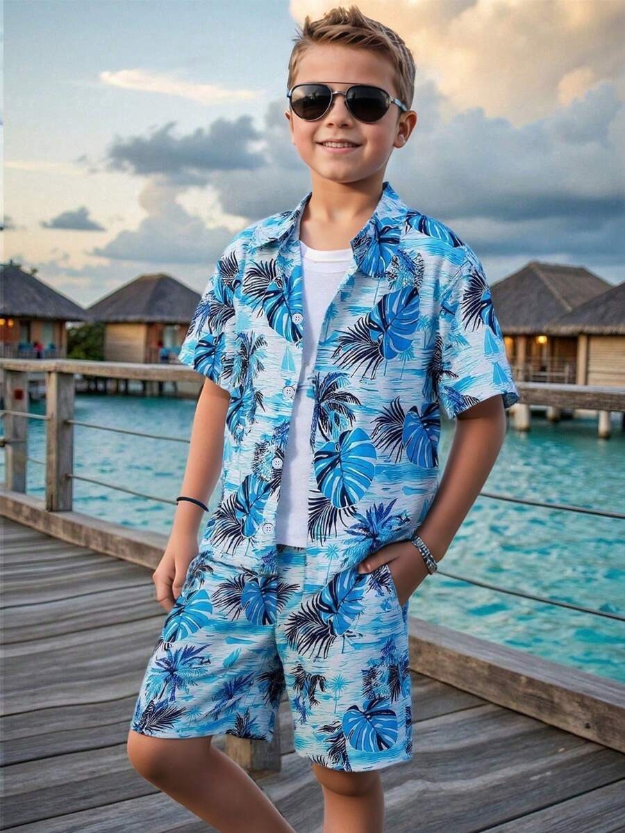 2pcs Set Tween Boy Casual Leaf Ditsy Floral Short Sleeve Polo Collar Shacket And Matching Shorts, Spring/Summer