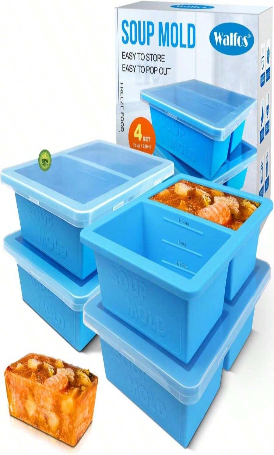 Walfos 1-Cup Silicone Freezer Molds With Lid, 4 Packs Soup Freezer Ice Cube Tray For Food, Silicone Food Freezing Container For Storing And Freezing Soup, Broth, Sauce And Ice