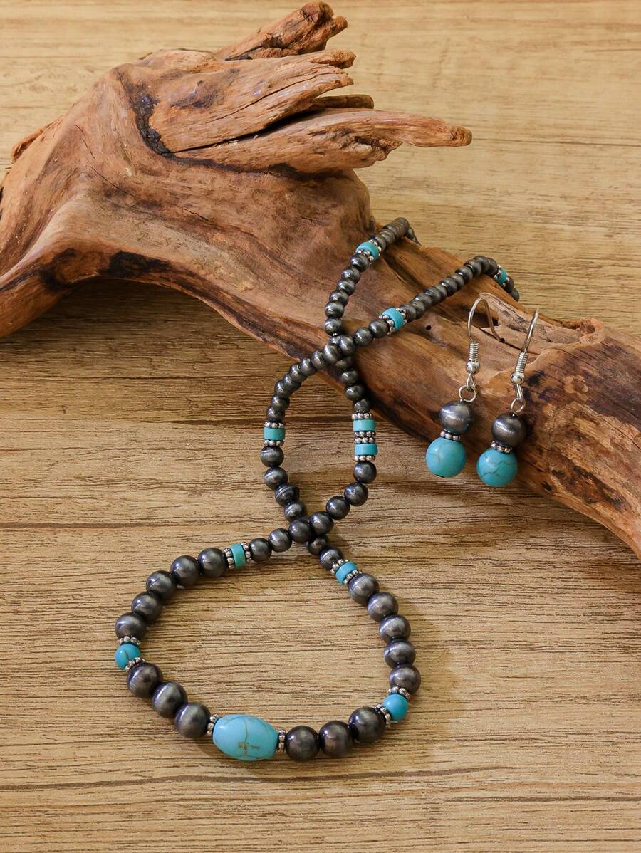 Retro Turquoise Necklace Vintage Western Country Earrings Set Female Ancient Silver Color Beaded Jewelry Set