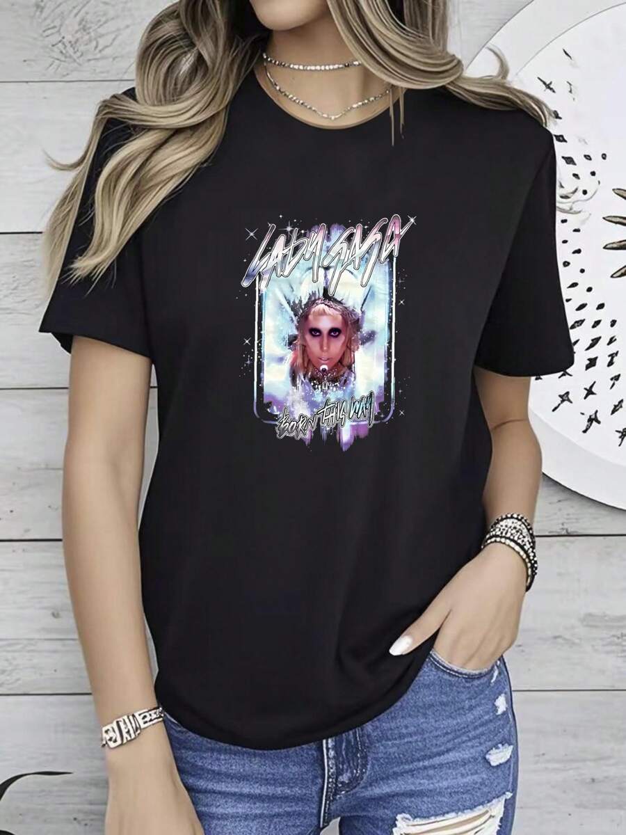 Camiseta de 180g de algodón puro con estampado del álbum "Born This Way" de 2011, de cuello redondo, manga corta, versátil, con diseño gráfico ligeramente estilizado, ropa de moda casual para mujer, elástica, unisex, cómoda, ropa de calle transpirable y suave para uso diario