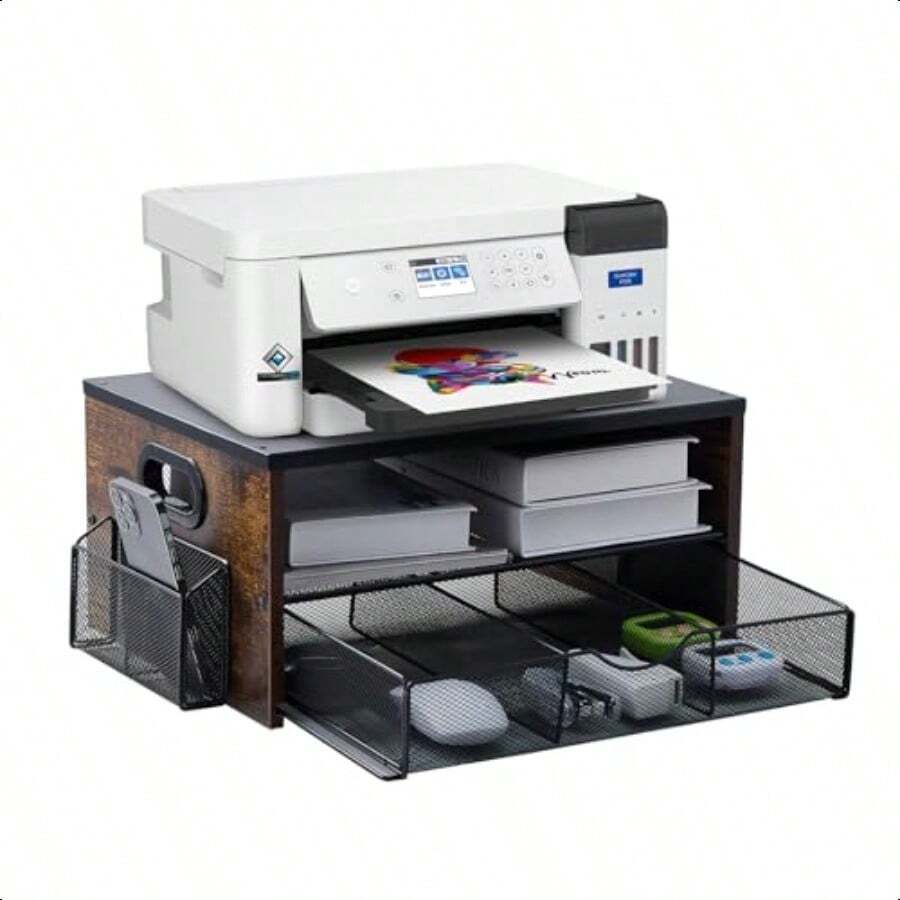 Soporte para impresora, soporte de escritorio para impresora con 2 estantes de almacenamiento para oficina en el hogar, organizador de escritorio con cajón y 2 portaplumas para máquina de fax, escáner y archivos