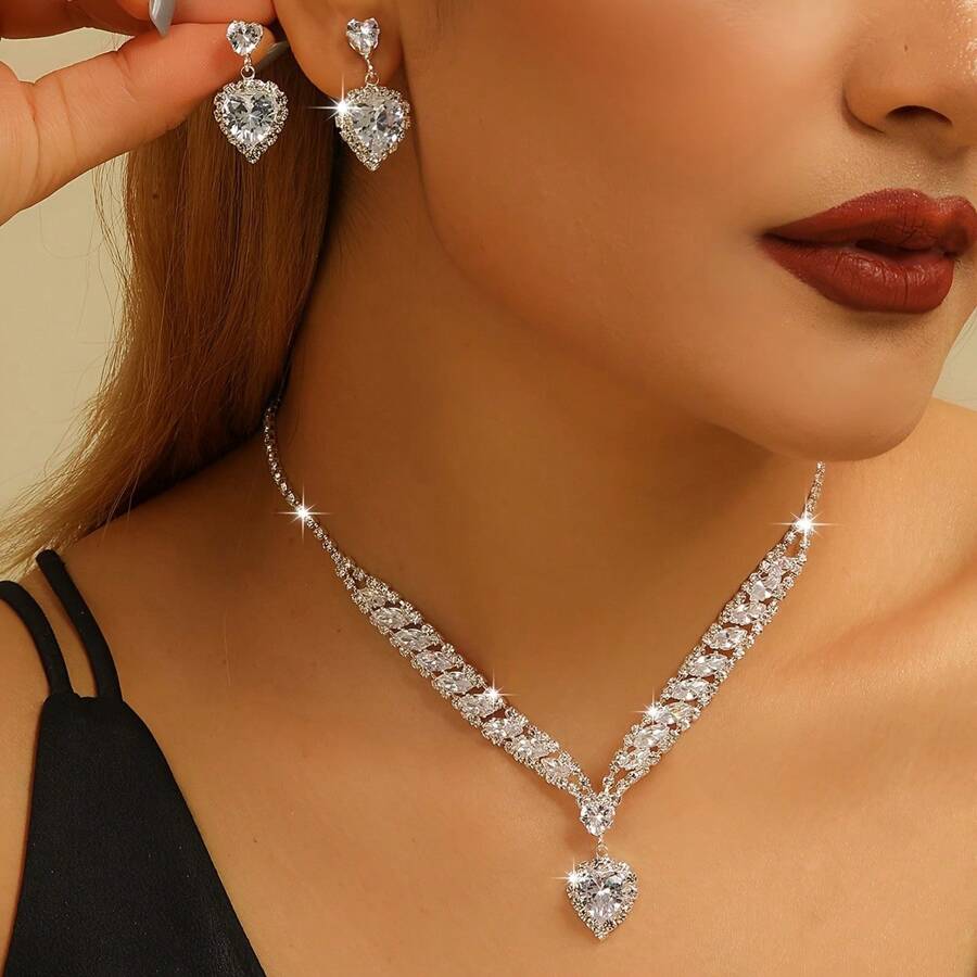 1 set colier și cercei rafinați cu zirconiu cubic super strălucitor, lanț elegant pentru claviculă, bijuterii de lux, potrivite pentru petreceri și purtare zilnică de către femei